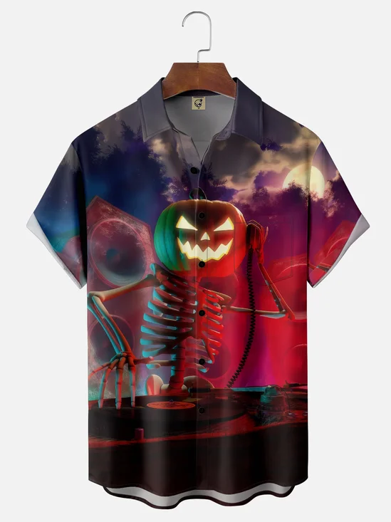 Moisture-wicking Pumpkin Skull Music Festival Halloween Chest Pocket Casual Shirt