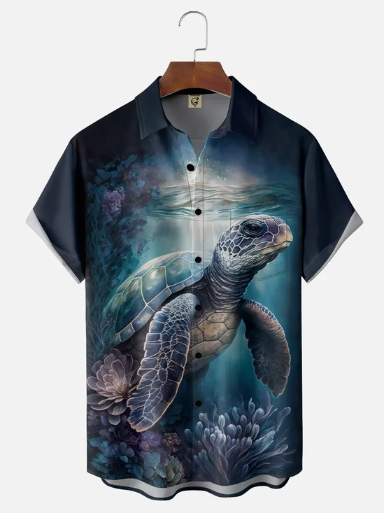 Moisture-wicking Fun Sea Turtle Ocean Art Vacation Chest Pocket Hawaiian Shirt
