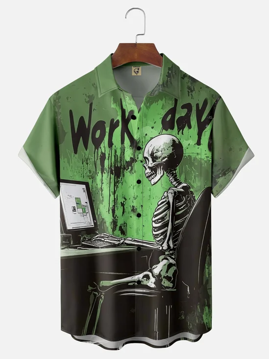 Moisture-wicking Funny Skull "Love Work Day" Chest Pocket Casual Shirt