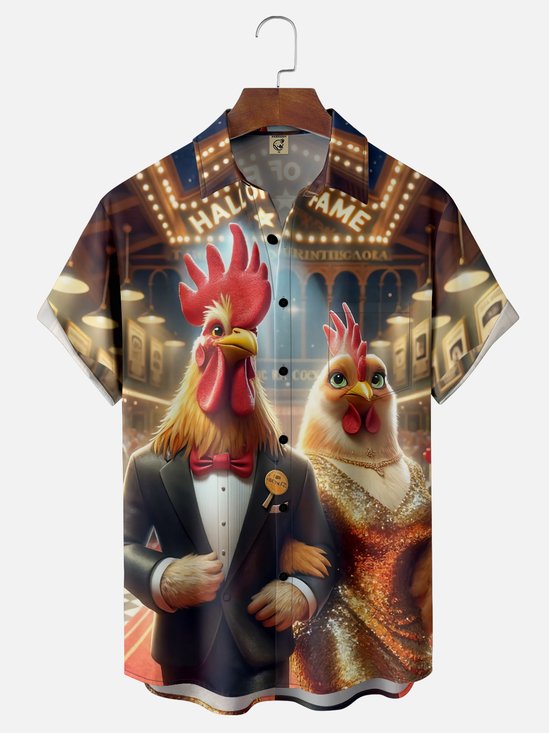 Moisture Wicking Fun Party Chicken Chest Pocket Hawaiian Shirt