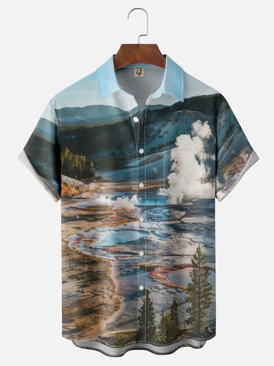 Moisture-wicking Landscape Mountain View Chest Pocket Hawaiian Shirt