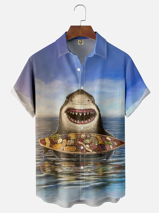 Moisture-wicking Shark Sushi Chest Pocket Hawaiian Shirt