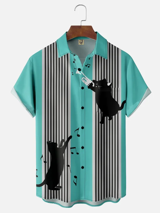 Moisture Wicking Music Black Cat Chest Pocket Bowling Shirt
