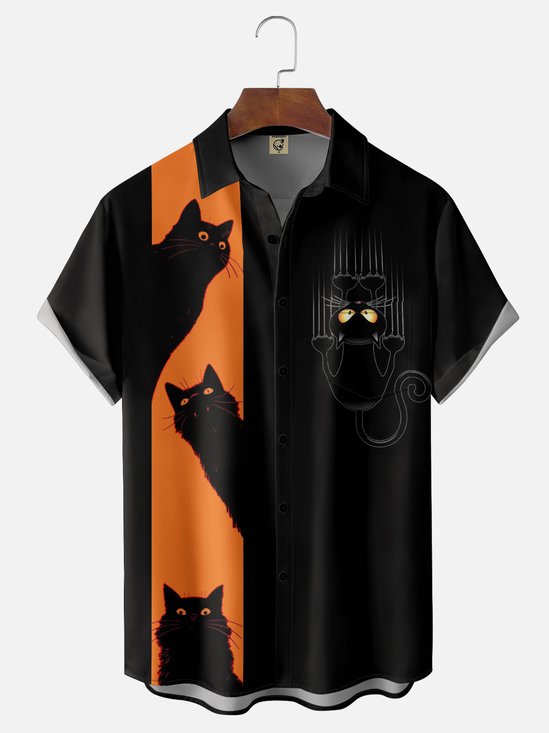 Moisture Wicking Halloween Black Cat Chest Pocket  Bowling Shirt