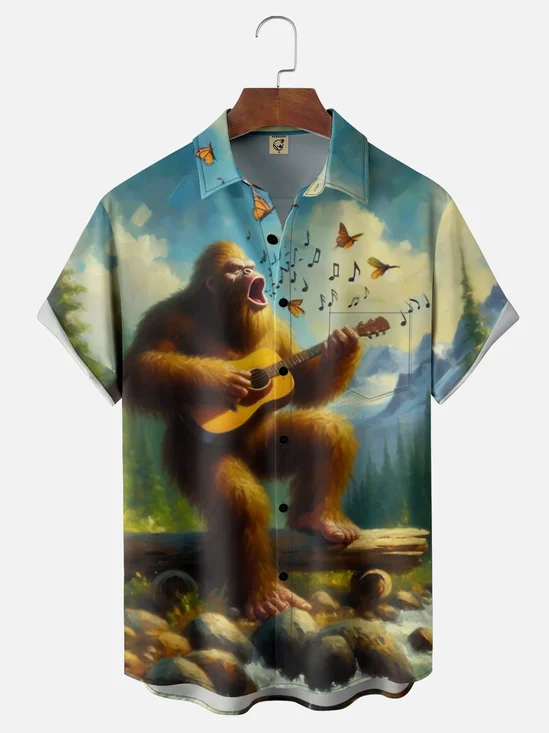 Moisture Wicking Guitar Music Bigfoot Chest Pocket Hawaiian Shirt