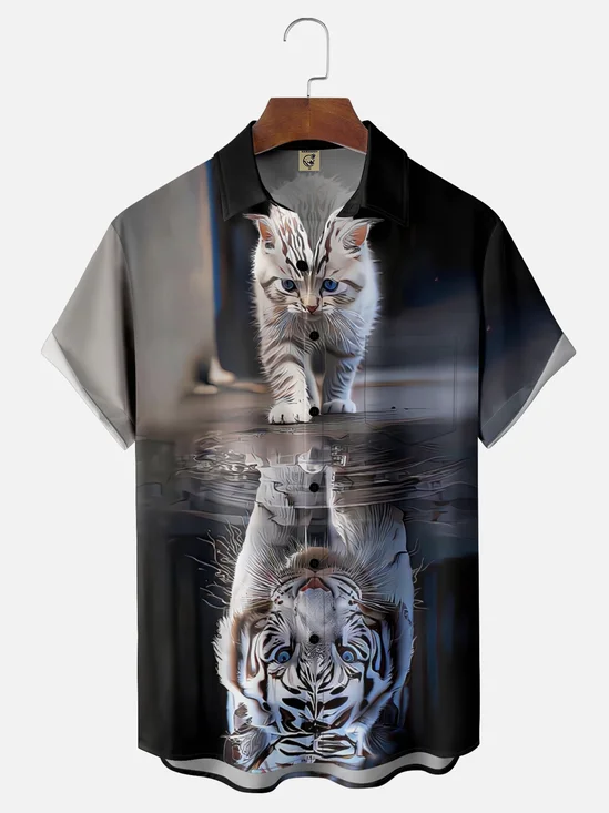 Moisture Wicking Funny Cat Tiger Chest Pocket Hawaiian Shirt