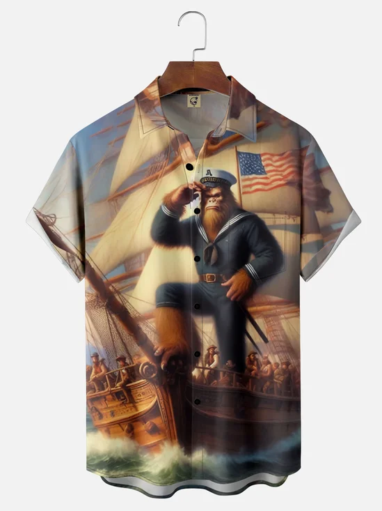 Moisture Wicking Pirate Navy Bigfoot Chest Pocket Hawaiian Shirt