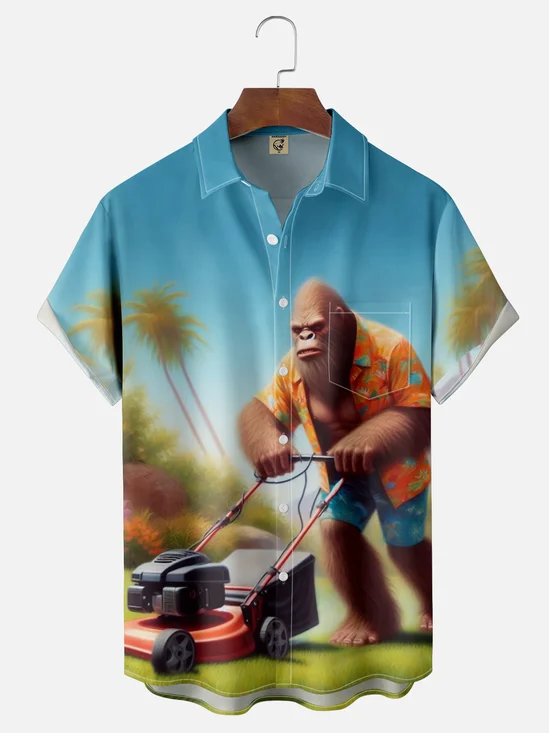 Moisture Wicking Garden Weeder Bigfoot Chest Pocket Hawaiian Shirt