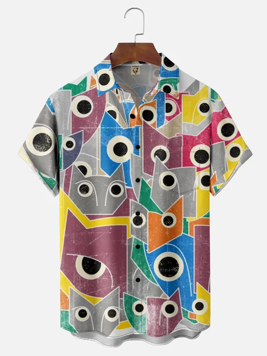 Moisture Wicking Fun Art Cat Chest Pocket Hawaiian Shirt