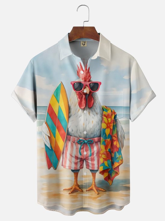 Moisture Wicking Beach Chicken Chest Pocket Hawaiian Shirt