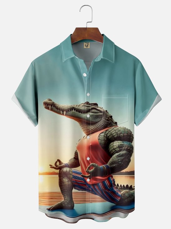 Moisture Wicking Fun Yoga Croc Chest Pocket Hawaiian Shirt