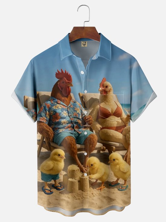 Moisture Wicking Funny Beach Chicken Chest Pocket Hawaiian Shirt