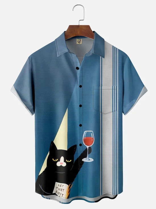 Moisture Wicking Wine Glass Black Cat Chest Pocket Hawaiian Shirt