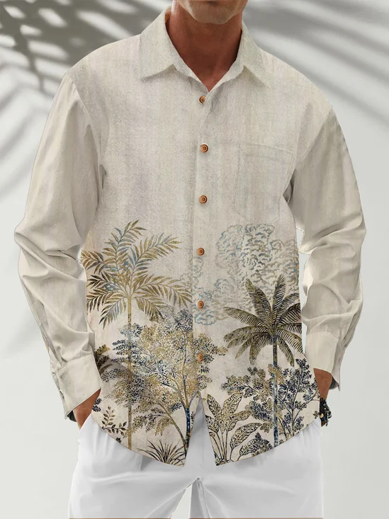 Moisture Wicking Coconut Tree Plant Floral Chest Pocket Hawaiian Long Sleeved Shirt