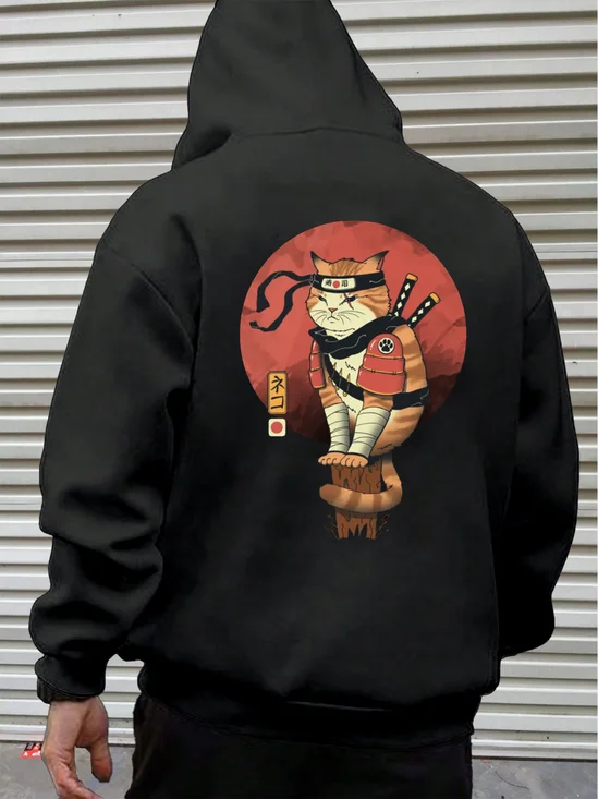 Japanese Ukiyoe Samurai Cat Casual Hoodie Sweatshirt