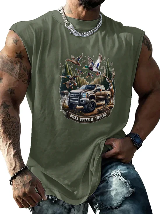 Mens Crewneck Tank Tops Ducks Bucks Trucks Beach Sleeveless Shirt