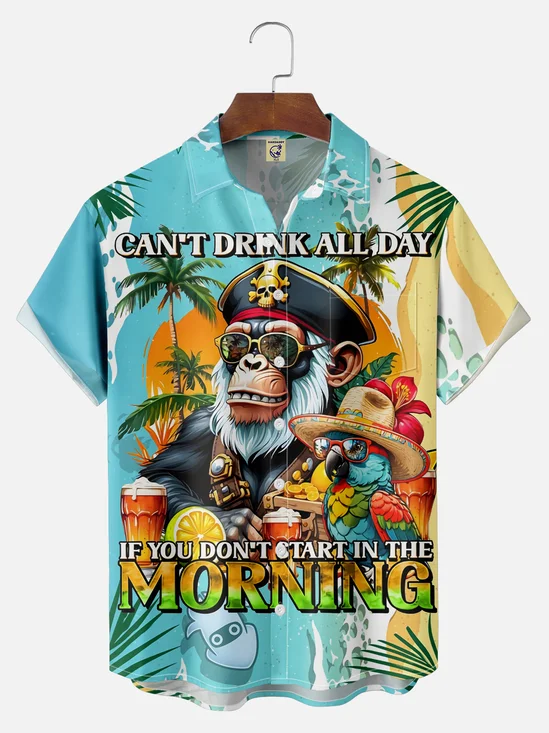 Big Size Moisture Wicking Beach Orangutan Parrot Chest Pocket Hawaiian Shirt