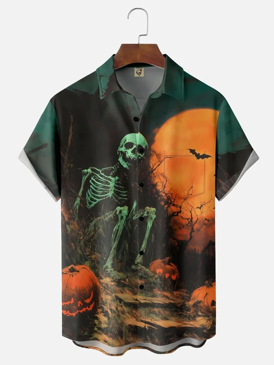 Moisture-wicking Halloween Skull Pumpkin Chest Pocket Casual Shirt
