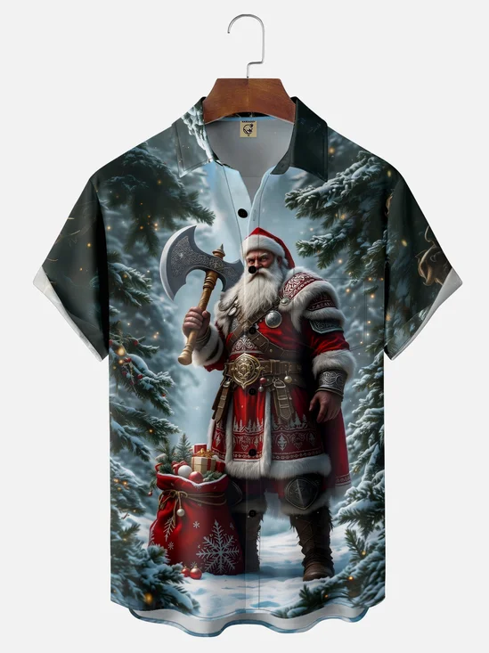 Moisture-wicking Christmas Santa Claus Chest Pocket Casual Shirt