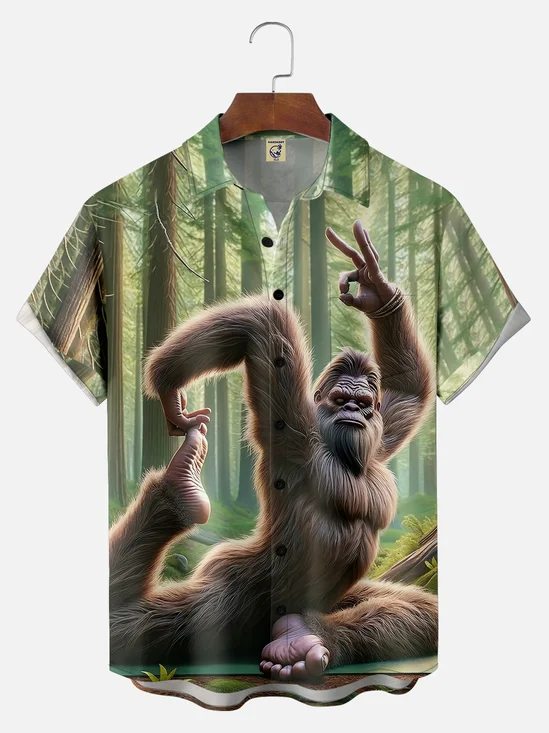 Big Size Moisture-wicking Bigfoot Yoga Fun Forest Chest Pocket Hawaiian Shirt