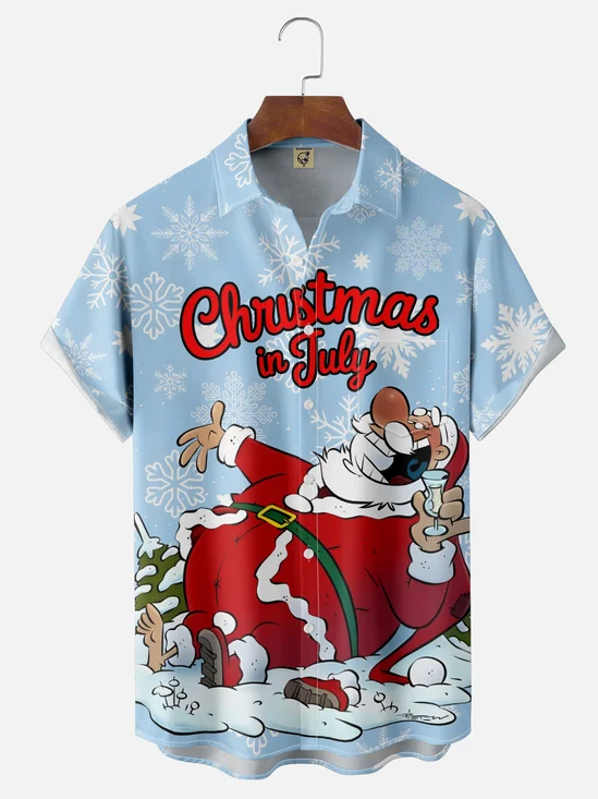 Moisture-wicking Christmas Santa Claus Chest Pocket Casual Shirt