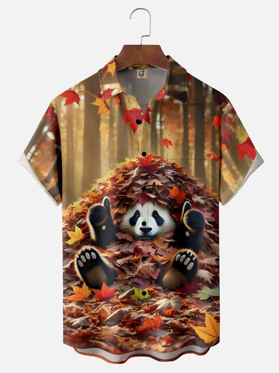 Moisture-wicking Autumn Panda Maple Leaves Chest Pocket Casual Shirt