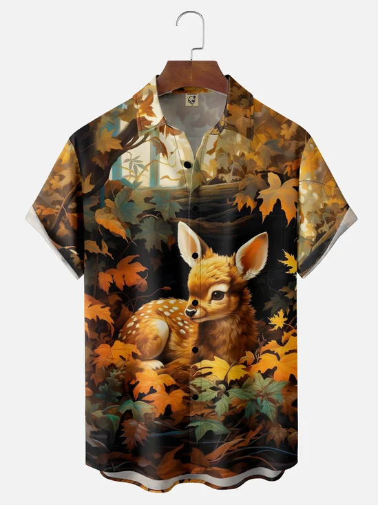 Moisture-wicking Autumn Deer Maple Leaves Chest Pocket Casual Shirt