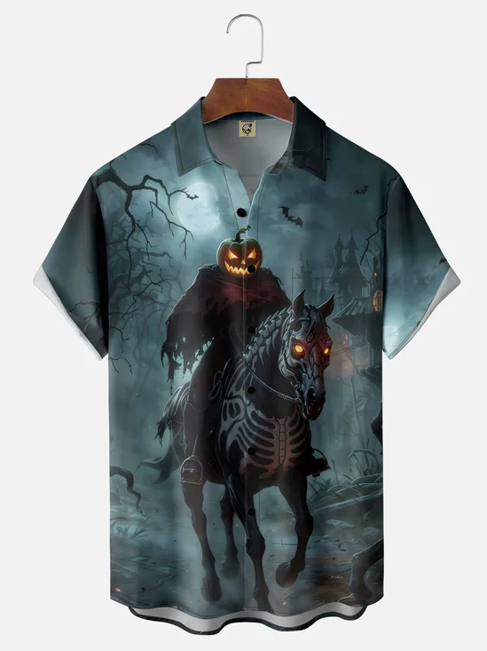 Moisture-wicking Halloween Headless Horseman Pumpkin Chest Pocket Casual Shirt