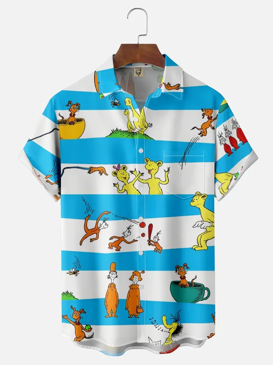 Moisture-wicking Fun Striped Seuss Art Chest Pocket Casual Shirt