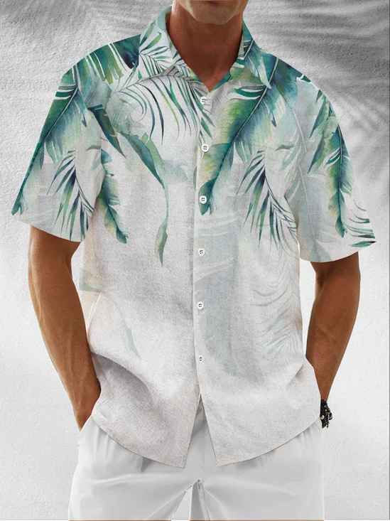 Moisture Wicking Plants Leaves Chest Pocket Hawaiian Shirt