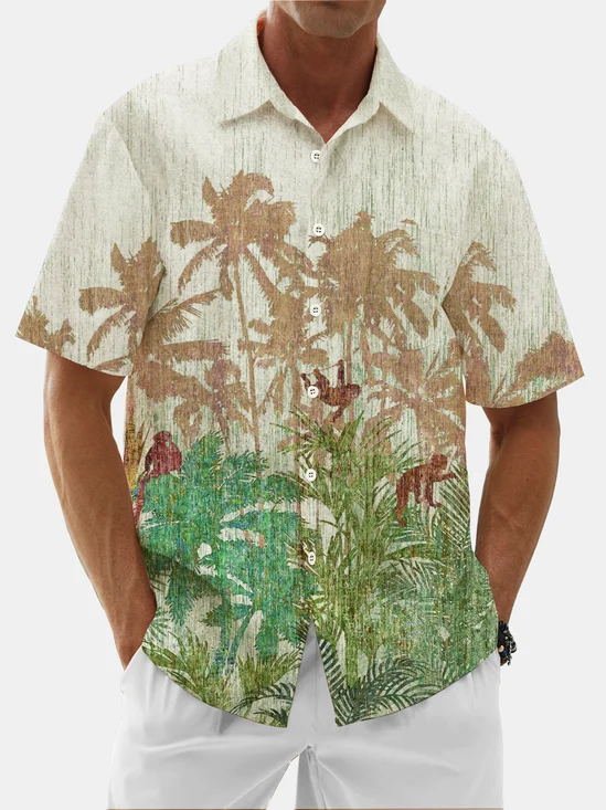 Moisture Wicking Coconut Tree Botanical Chest Pocket Hawaiian Shirt