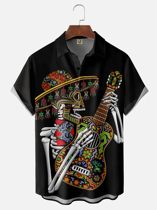 Moisture-wicking Day of the Dead Skeleton Music Chest Pocket Hawaiian Shirt