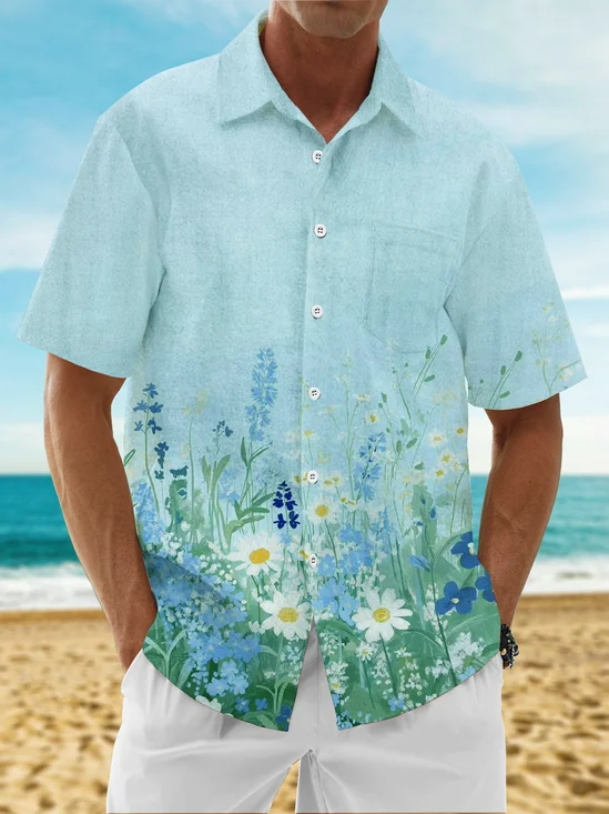 Moisture Wicking Plants Leaves Floral Chest Pocket Hawaiian Shirt