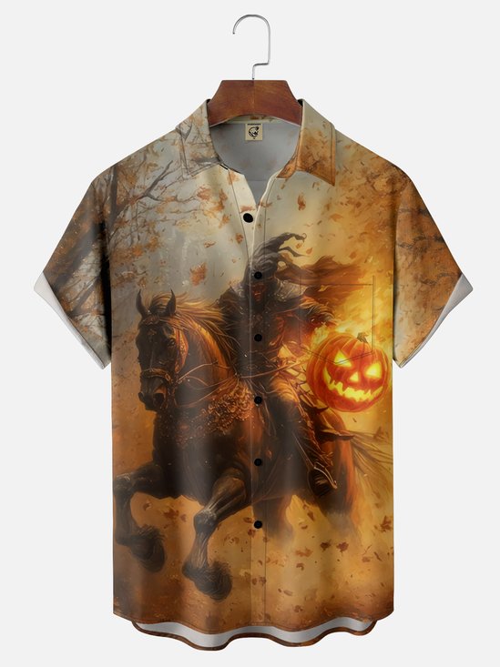 Moisture-wicking Halloween Headless Horseman Pumpkin Art Chest Pocket Casual Shirt