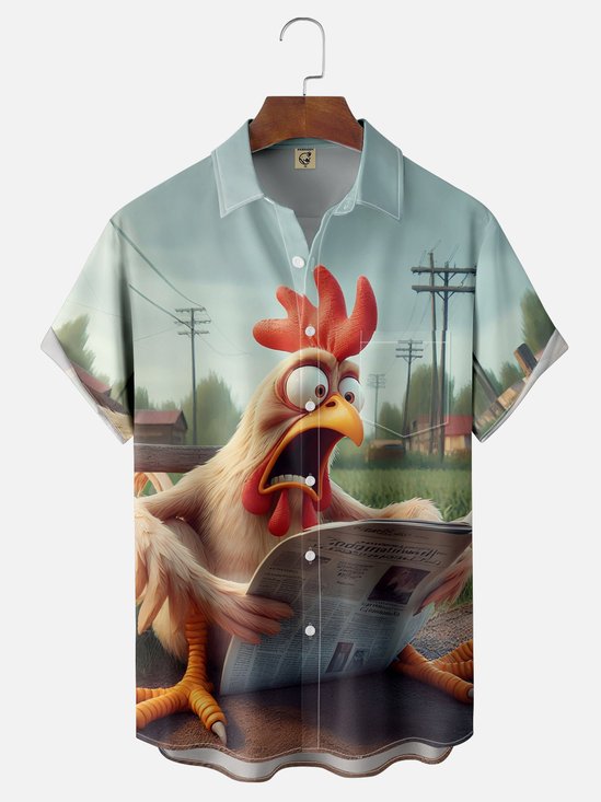Moisture-wicking Funny Chicken Reading Newspaper Chest Pocket Hawaiian Shirt