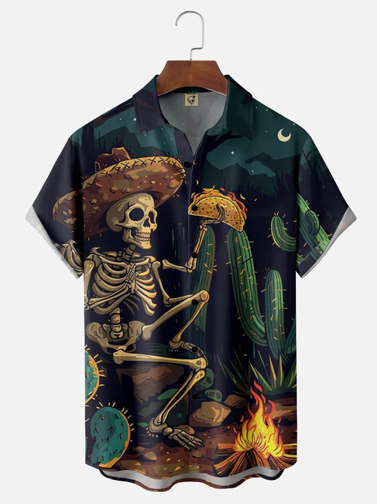 Moisture-wicking Day Of The Dead Skeleton Cactus Taco Chest Pocket Casual Shirt