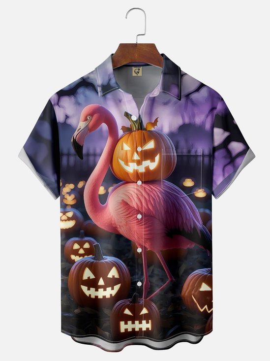 Moisture-wicking Halloween Flamingo Pumpkin Chest Pocket Casual Shirt