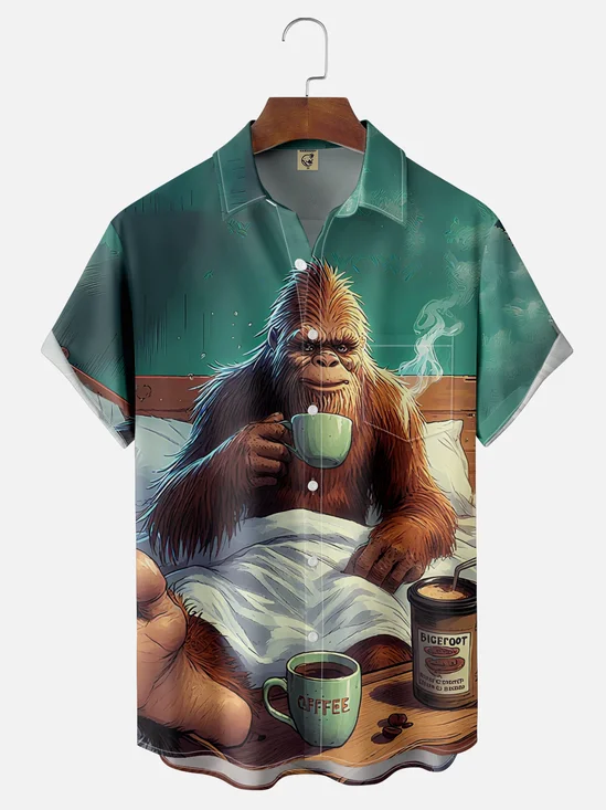 Moisture-wicking Bigfoot Wake-up Coffee Fun Chest Pocket Hawaiian Shirt