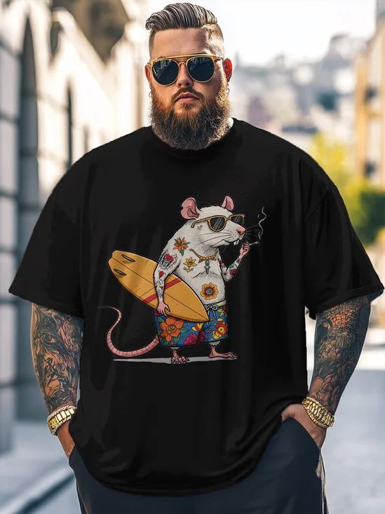 Big Size Men's Funny Tattoo Mouse Surfing Print Loose T-shirt