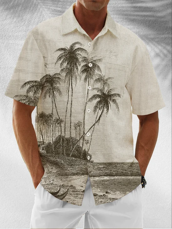 Moisture Wicking Coconut Tree Botanical Chest Pocket Hawaiian Shirt