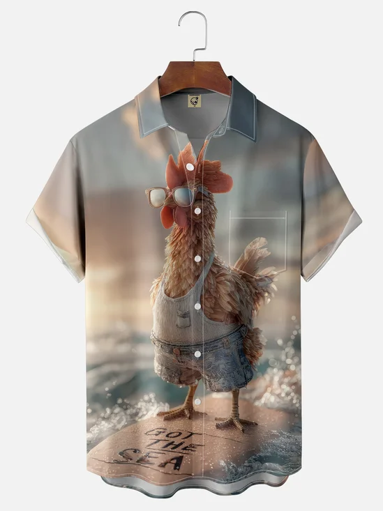 Moisture-wicking Fun Surf Chicken Chest Pocket Hawaiian Shirt