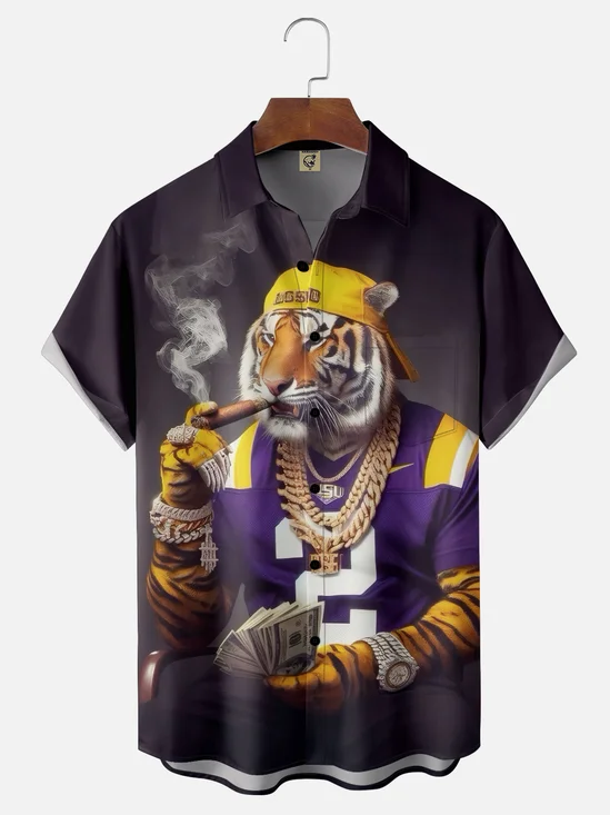 Moisture-wicking American Football Tiger Art Louisiana Chest Pocket Casual Shirt