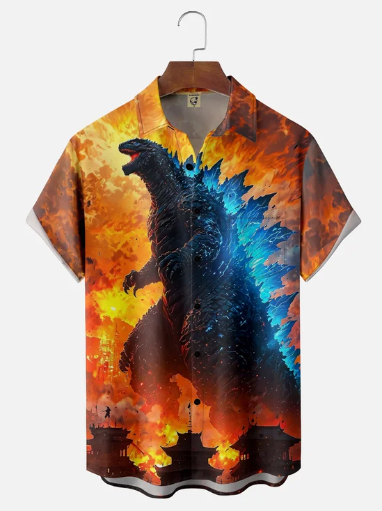 Moisture-wicking Funny Crazy Lizard Godzilla Art Chest Pocket Hawaiian Shirt