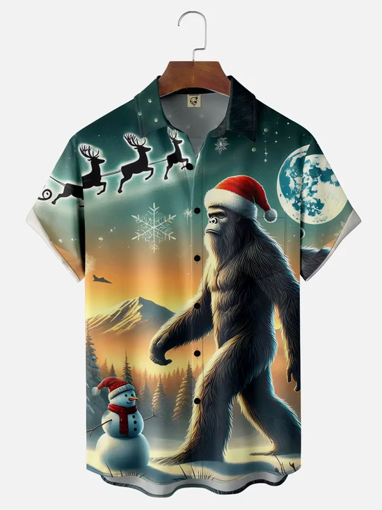 Moisture-wicking Christmas Bigfoot Snowman Chest Pocket Casual Shirt