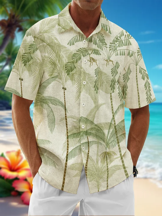 Moisture Wicking Coconut Tree Botanical Chest Pocket Hawaiian Shirt