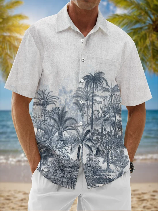 Moisture Wicking Coconut Tree Botanical Chest Pocket Hawaiian Shirt
