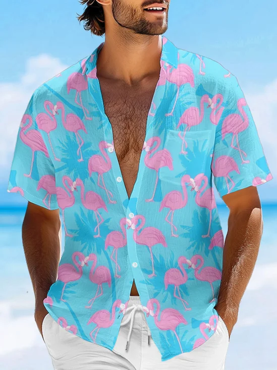 Moisture-wicking Tropical Palm Tree Flamingo Chest Pocket Hawaiian Shirt