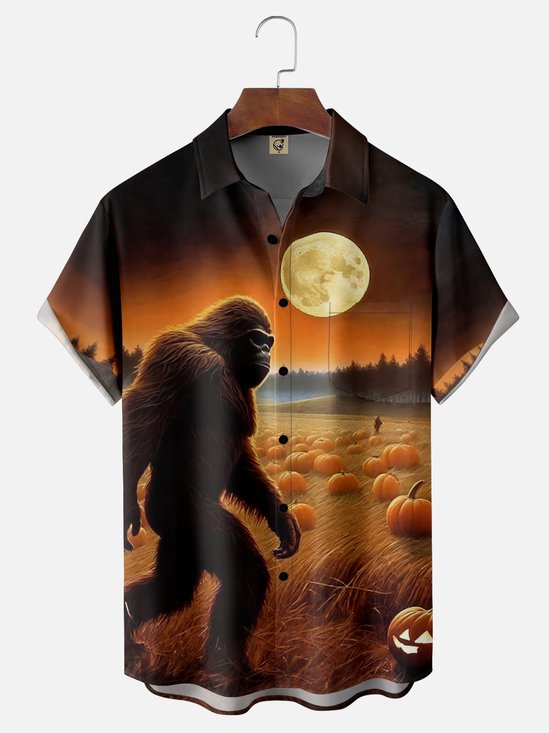 Moisture-Wicking Halloween Pumpkin Bigfoot Chest Pocket Hawaiian Shirt