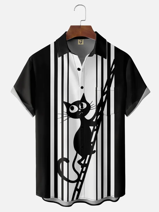 Moisture Wicking Cat Ladder Pompom Chest Pocket Bowling Shirt