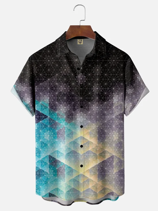 Moisture Wicking Geometric Gradient Art Chest Pocket Hawaiian Shirt